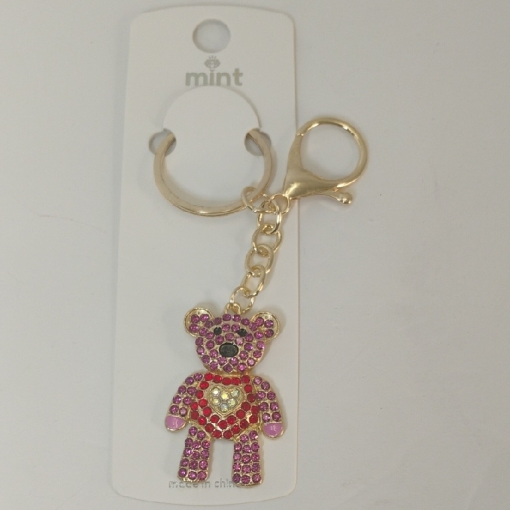 Mint Bear Keychain with Pink and Red Crystals
